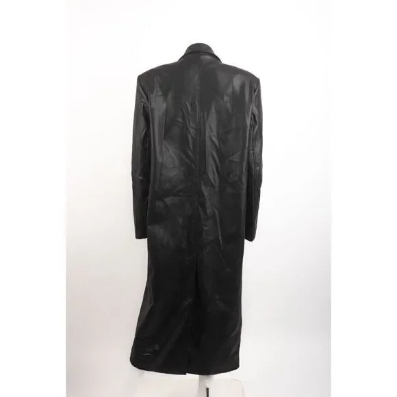 Zara Womens Black Faux Leather Trench Coat Jacket Long XL 4661/816 No belt NWT